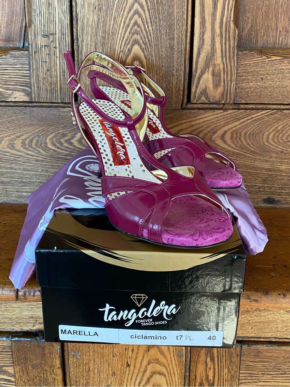 Tangolera tango shoes 40 wide 7cm 3” heel dark fuchsia pink plum purple leather